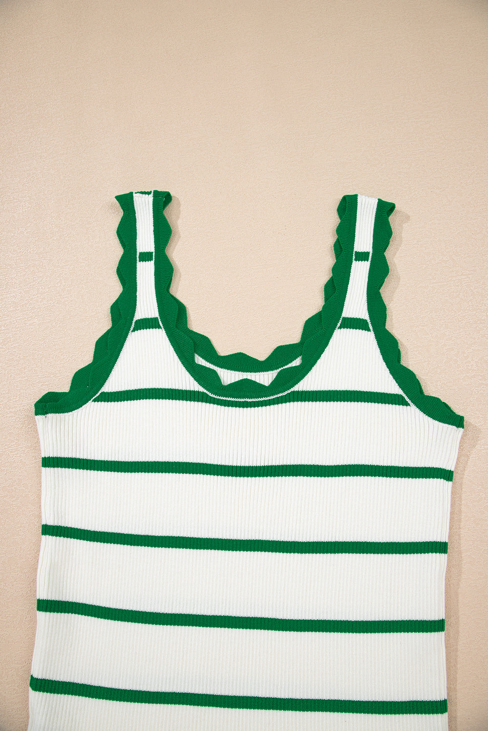 Bright Green Striped Scalloped Edge U Neck Sleeveless Sweater Vest