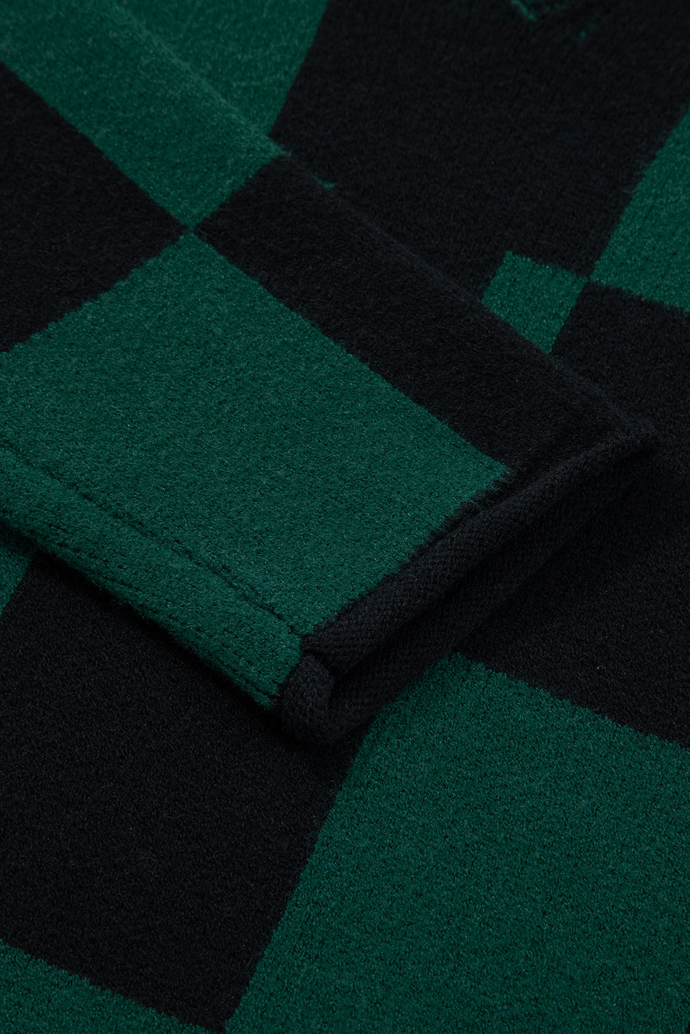 Green Checked Notched Neckline Drop Shoulder Knit Sweater