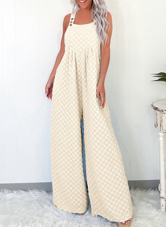 Beige Checkered Pocketed High Waist Wide Leg Overall