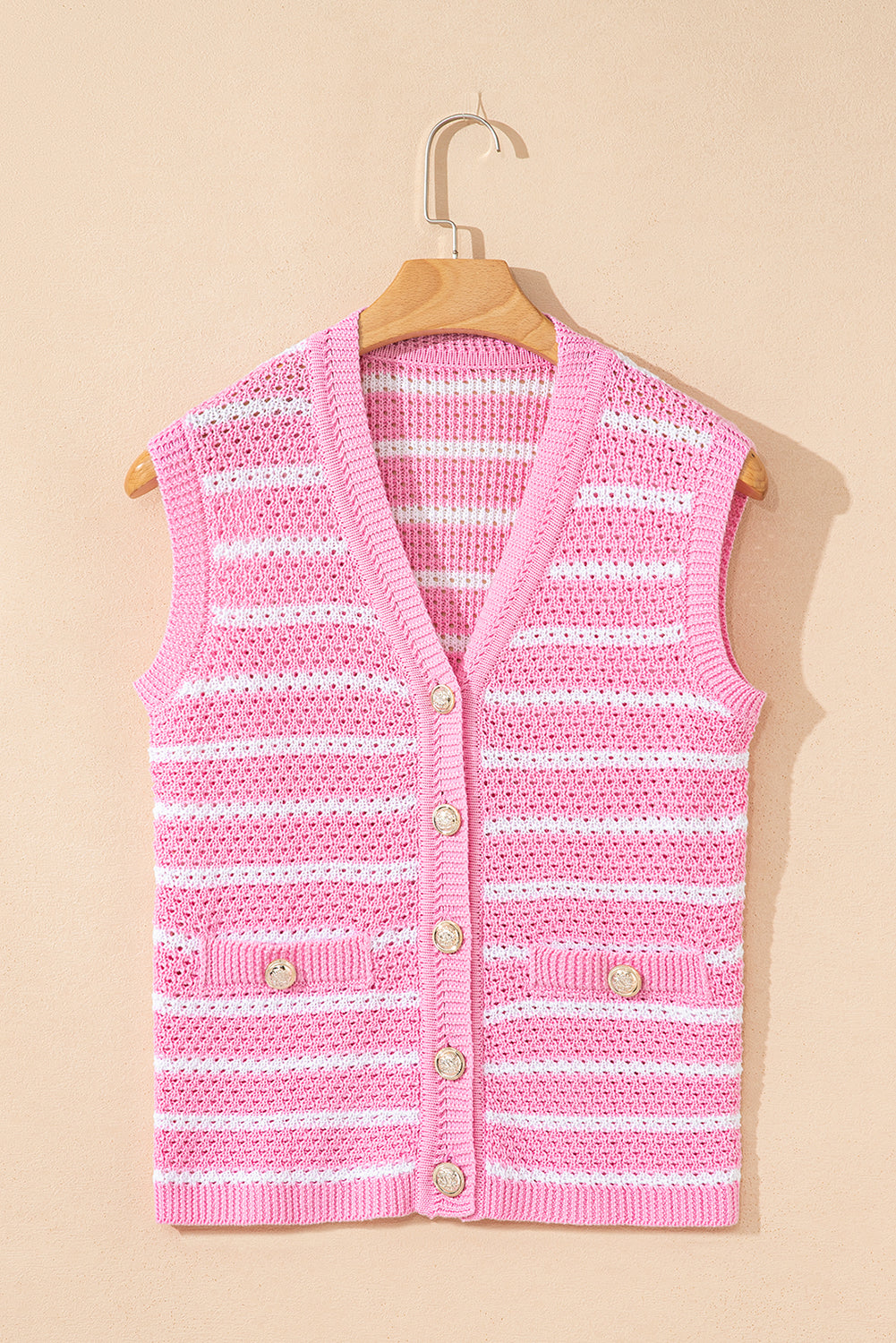 Pink Stripe V Neck Gold Buttons Elegant Sweater Vest