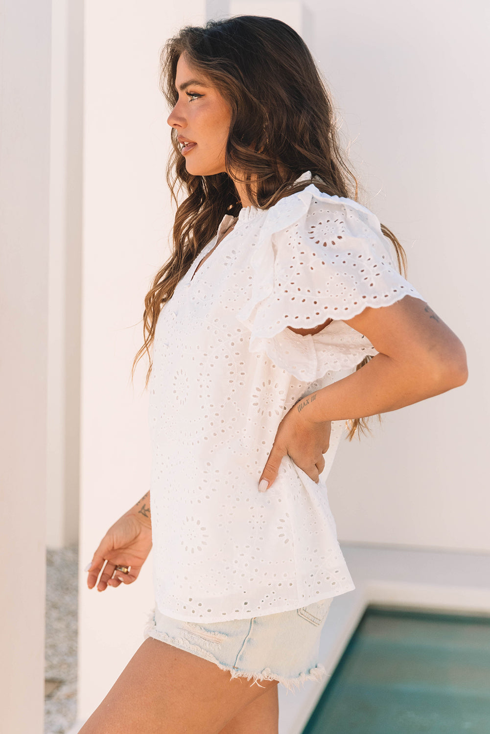 White Broderie Anglaise Ruffle Short Sleeve Blouse