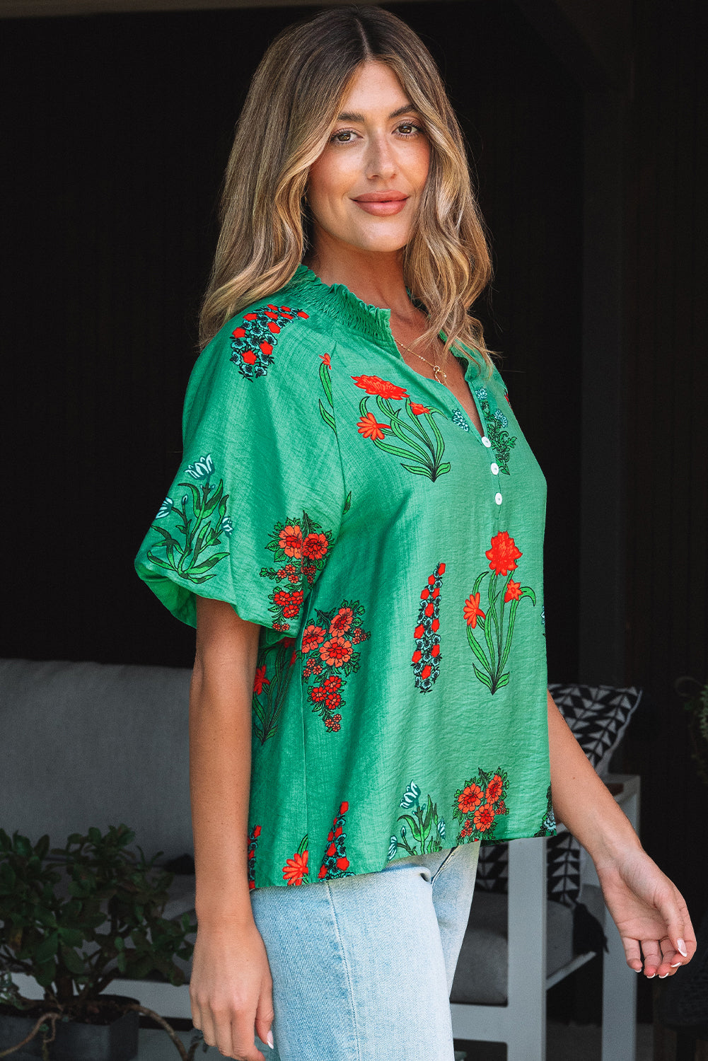 Bright Green Floral Print Buttoned V Neck Short Sleeve Blouse