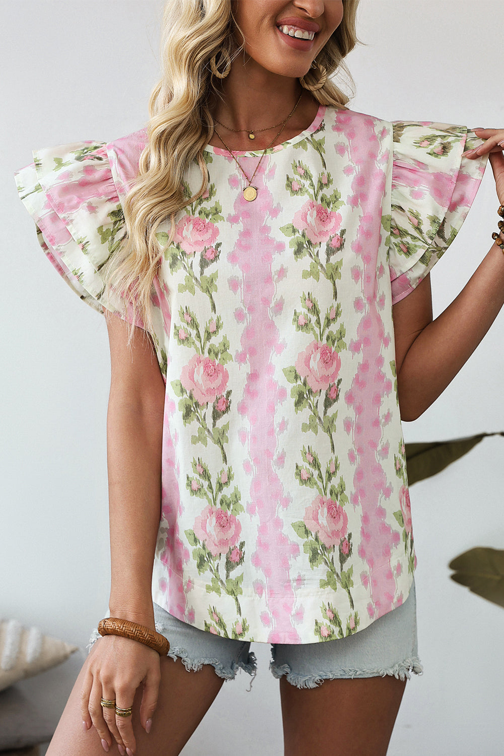 Pink Floral Print Ruffled Sleeve Summer Top