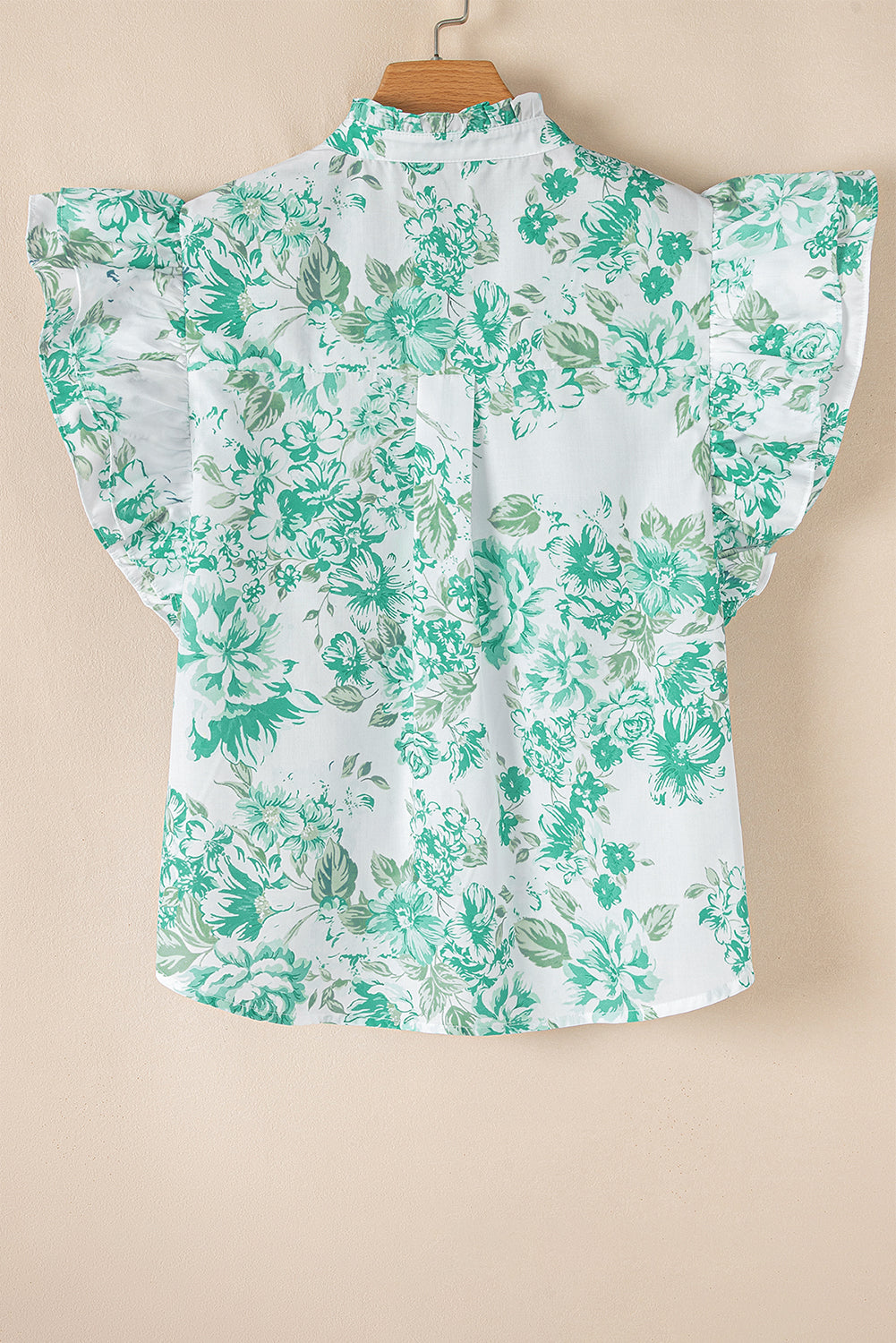 Green Floral Print Ruffle Sleeve Frilly Button Up Shirt