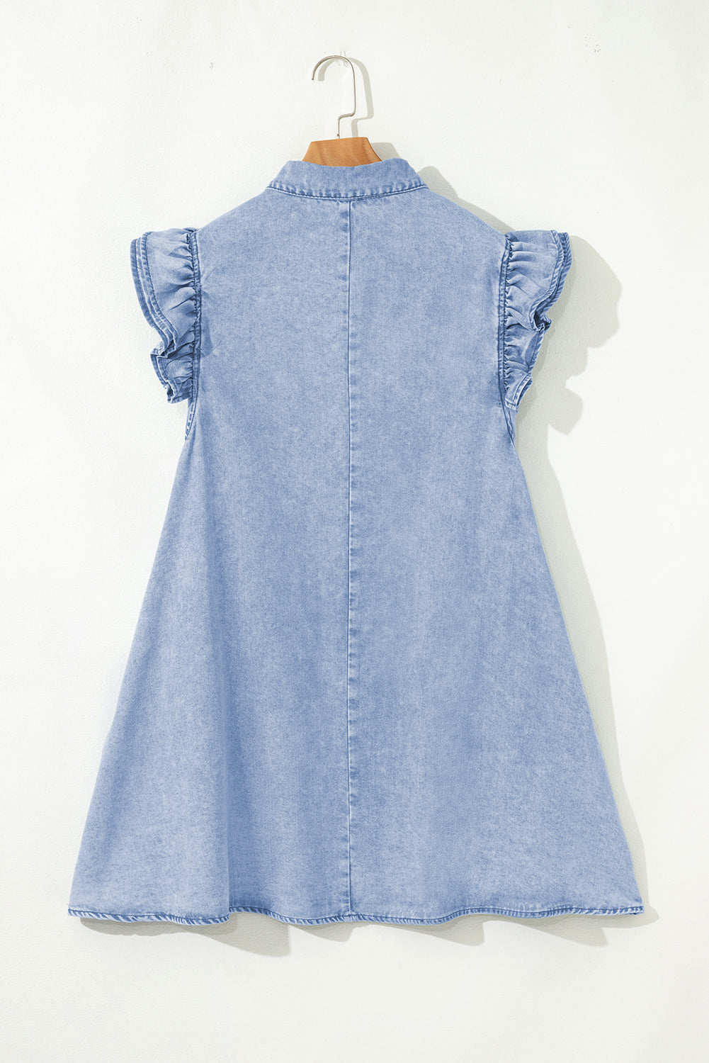 Beau Blue Double Ruffled Sleeves Buttoned A-line Collared Mini Denim Dress