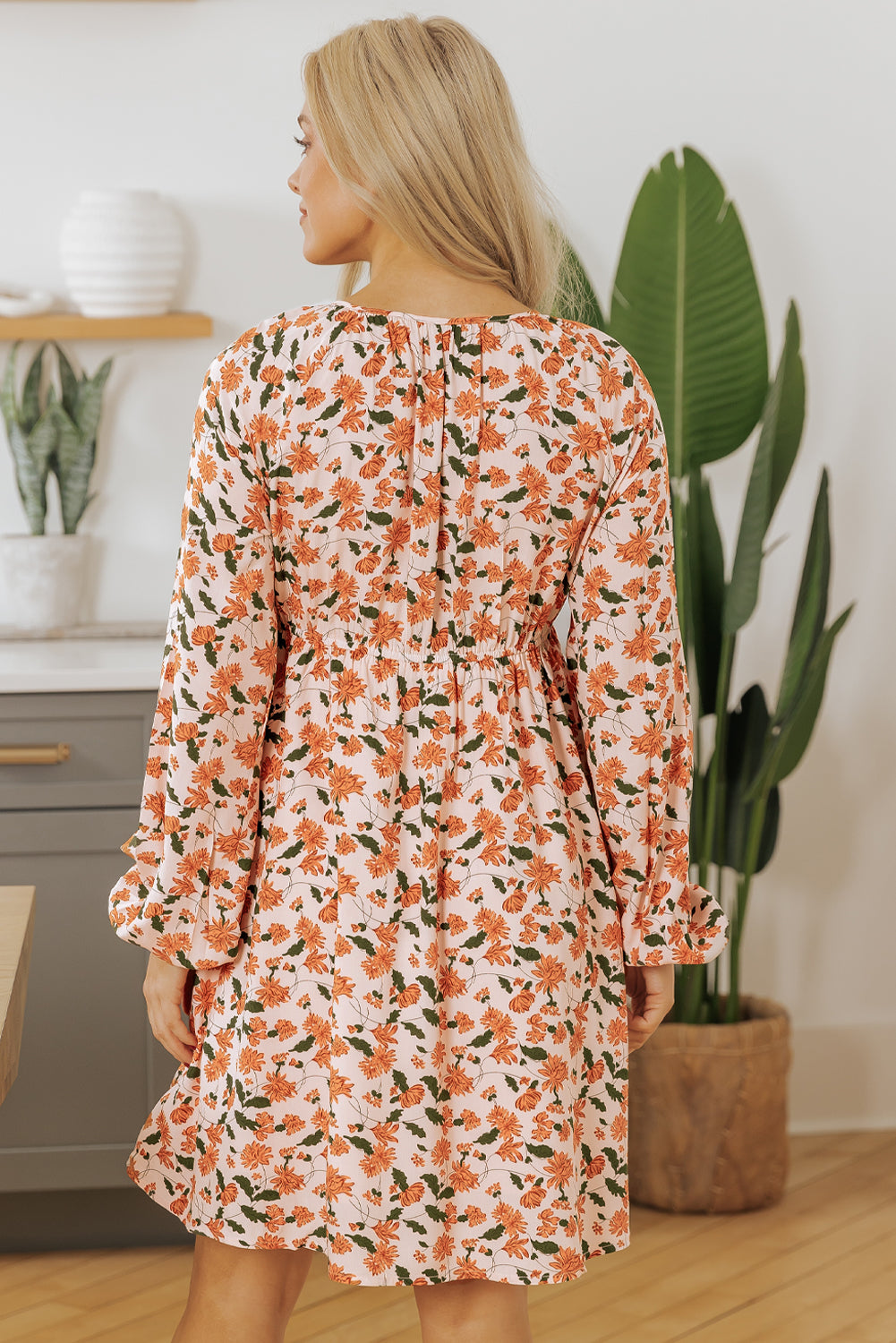 Beige Floral Deep V Neck Smocked Bust Bubble Sleeve Babydoll Dress