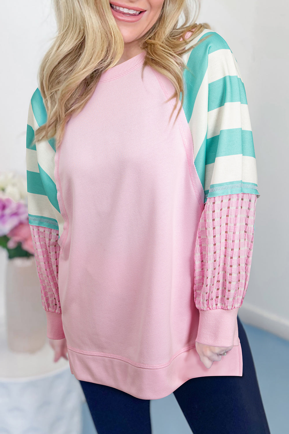 Bonbon Striped Colorblock Patchwork Raglan Pullover Top with Slits