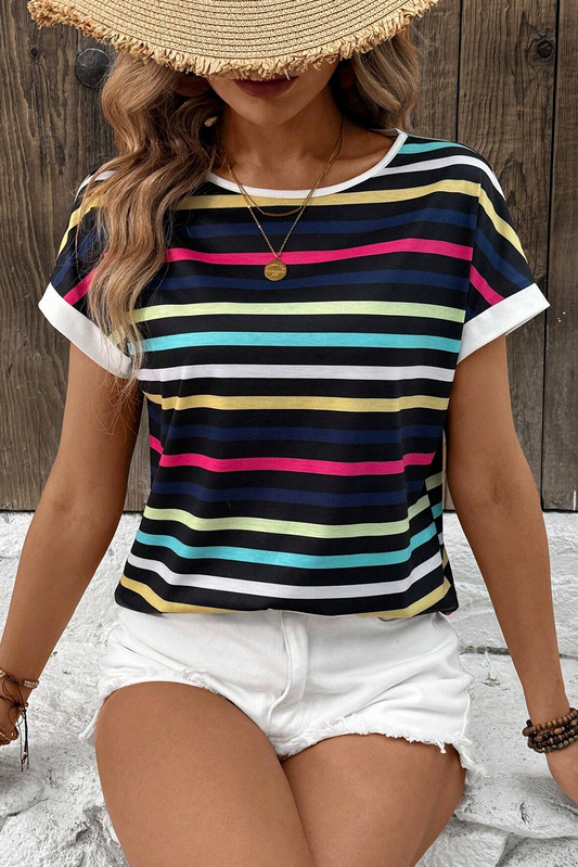 Black Stripe Multicolor Contrast Edge Crew Neck T Shirt