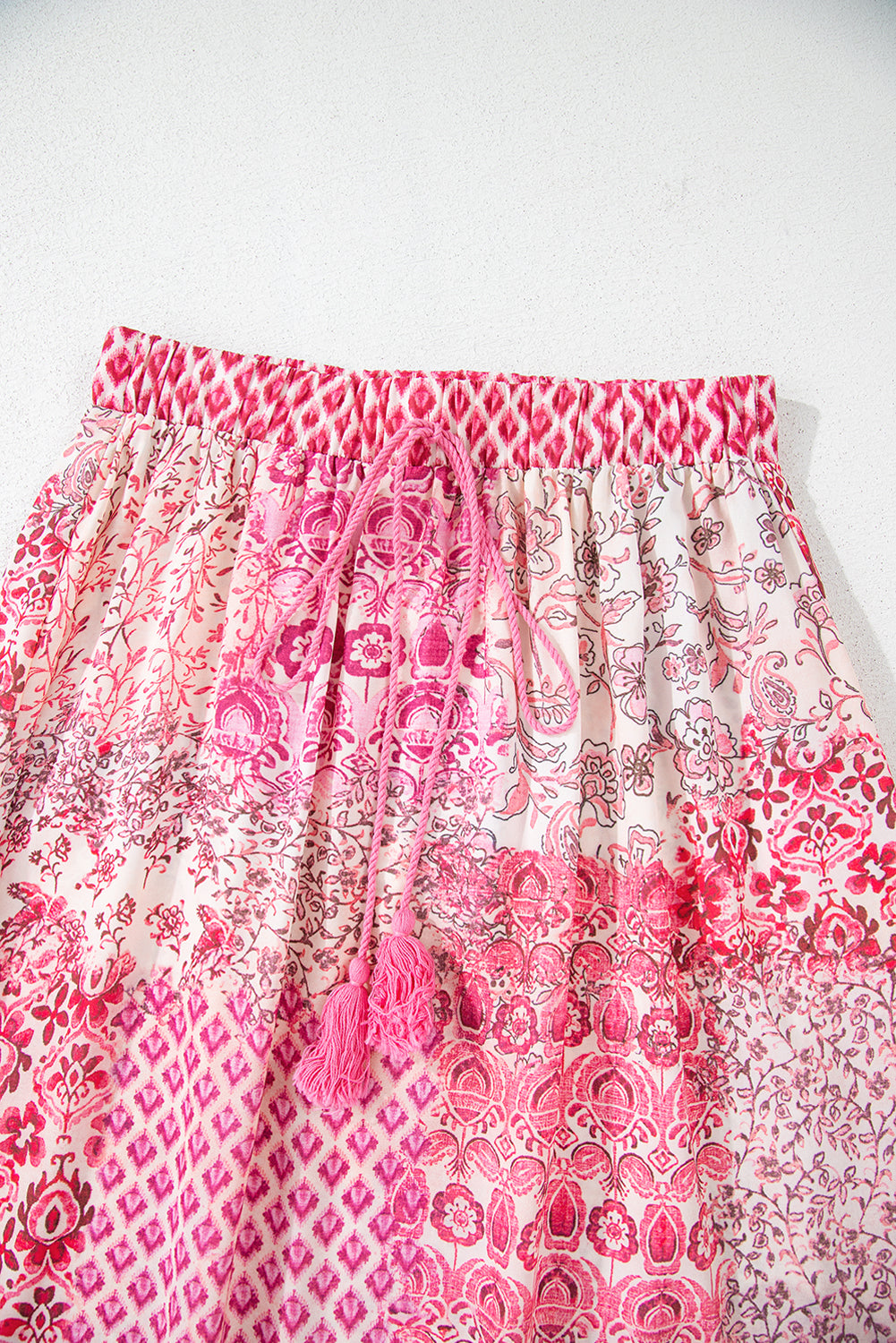 Red Boho Pattern Print Tassel Drawstring Elastic Waistband Maxi Skirt