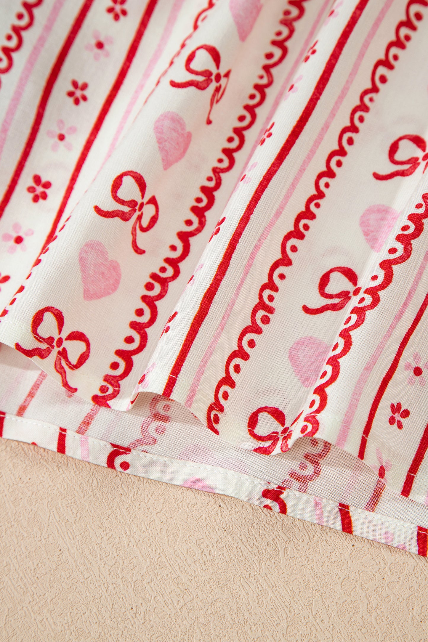 Red Sweet Floral Heart Bow Print Contrast Trim Long Sleeve Shirt Pajama Short Set