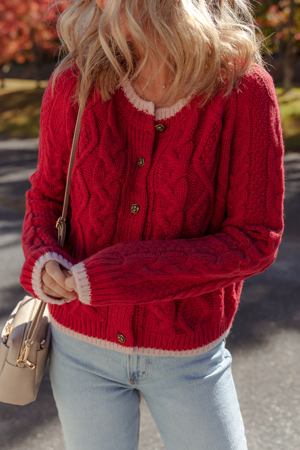 Racing Red Color Contrast Edge Cable Knit Buttoned Cardigan