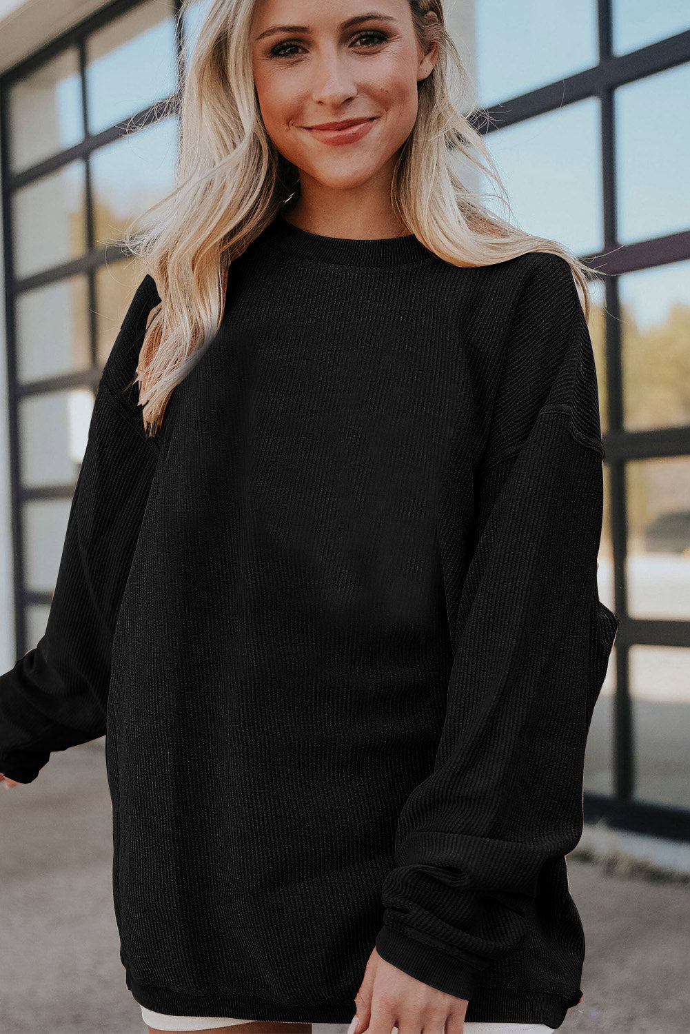 Black Ribbed Corduroy Oversized Sweatshirt