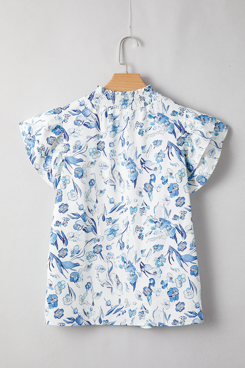 Sky Blue Floral Print Ruffled Short Sleeve Blouse