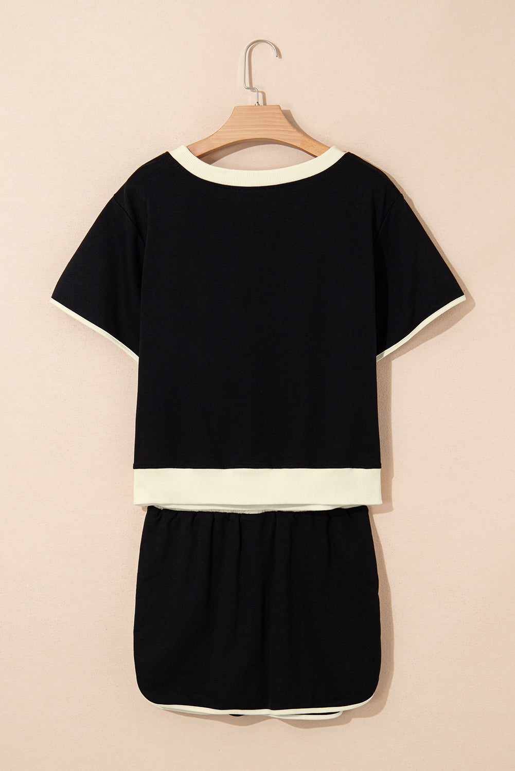 Black Sequin Rugby Football Bow Patched Colorblock Edge Tee and Skort Set
