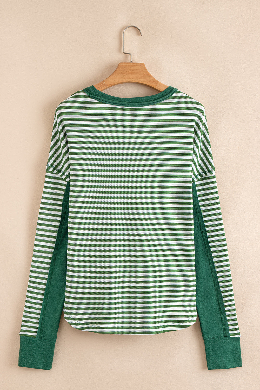 Green Stripe Thermal Knit Drop Shoulder Casual Top