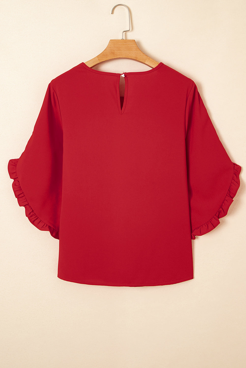 Fiery Red Ruffle Trimmed 3/4 Sleeve Round Neck Blouse
