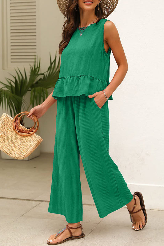 Green Solid Color Ribbed Ruffle Tank Top and Pants Set