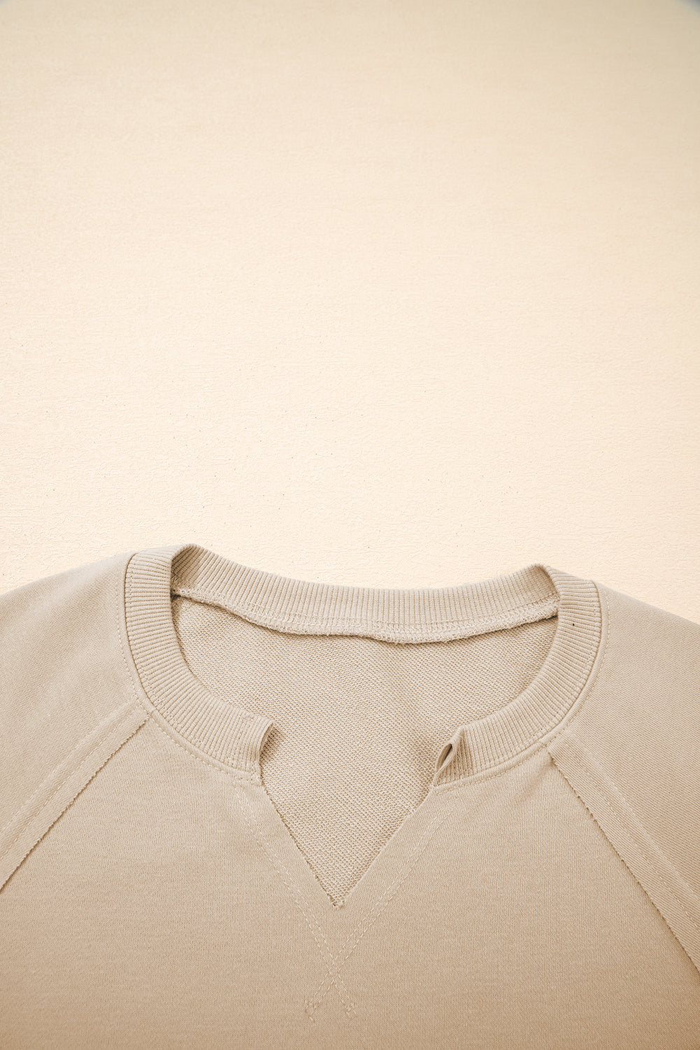 Parchment Raw Edge Exposed Seam Raglan Sleeve Side Slit Sweatshirt
