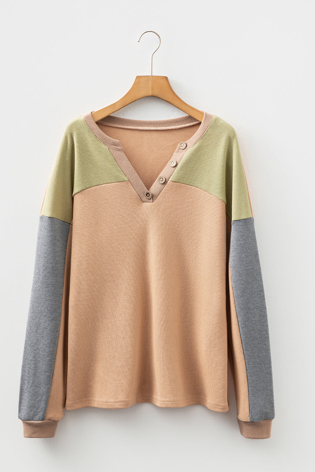 Buckskin Color Block Thermal Textured Knit Drop Shoulder Henley Top