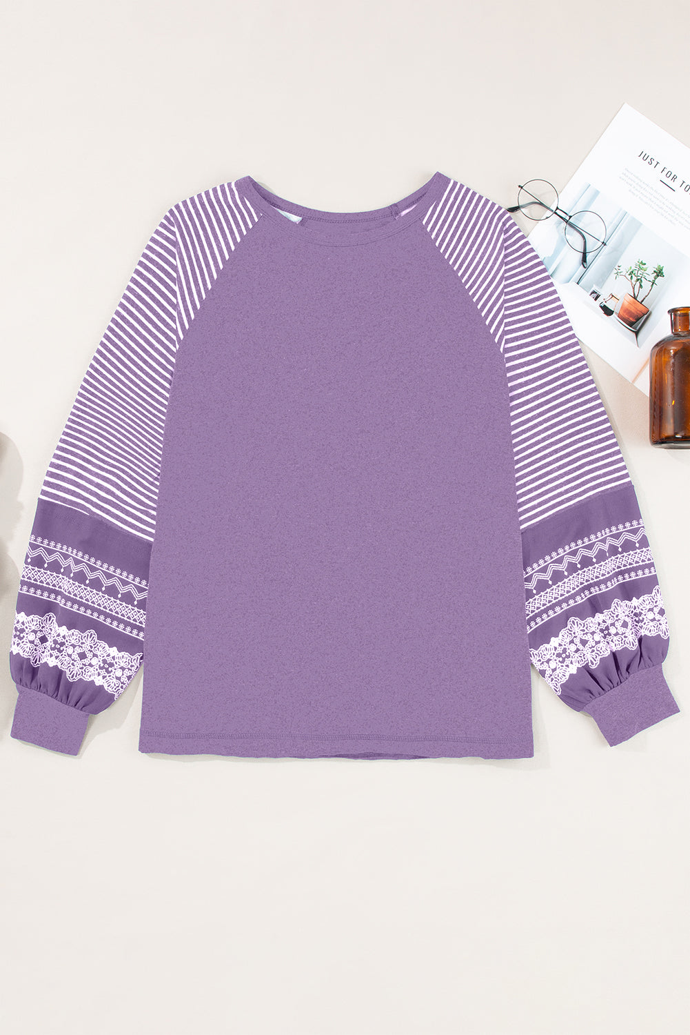 Tillandsia Purple Contrast Print Striped Raglan Long Sleeve Loose Top