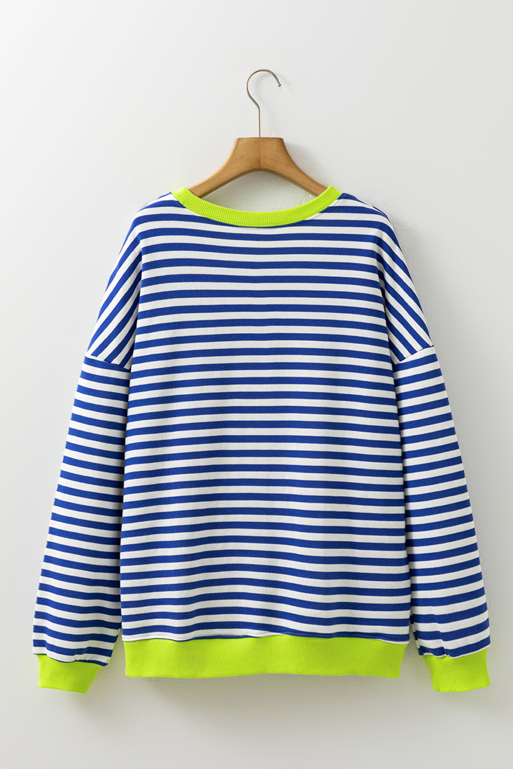 Sky Blue Stripe Striped Contrast Ribbed Trim Crossed Stitch Drop Shoulder Sweatshirt