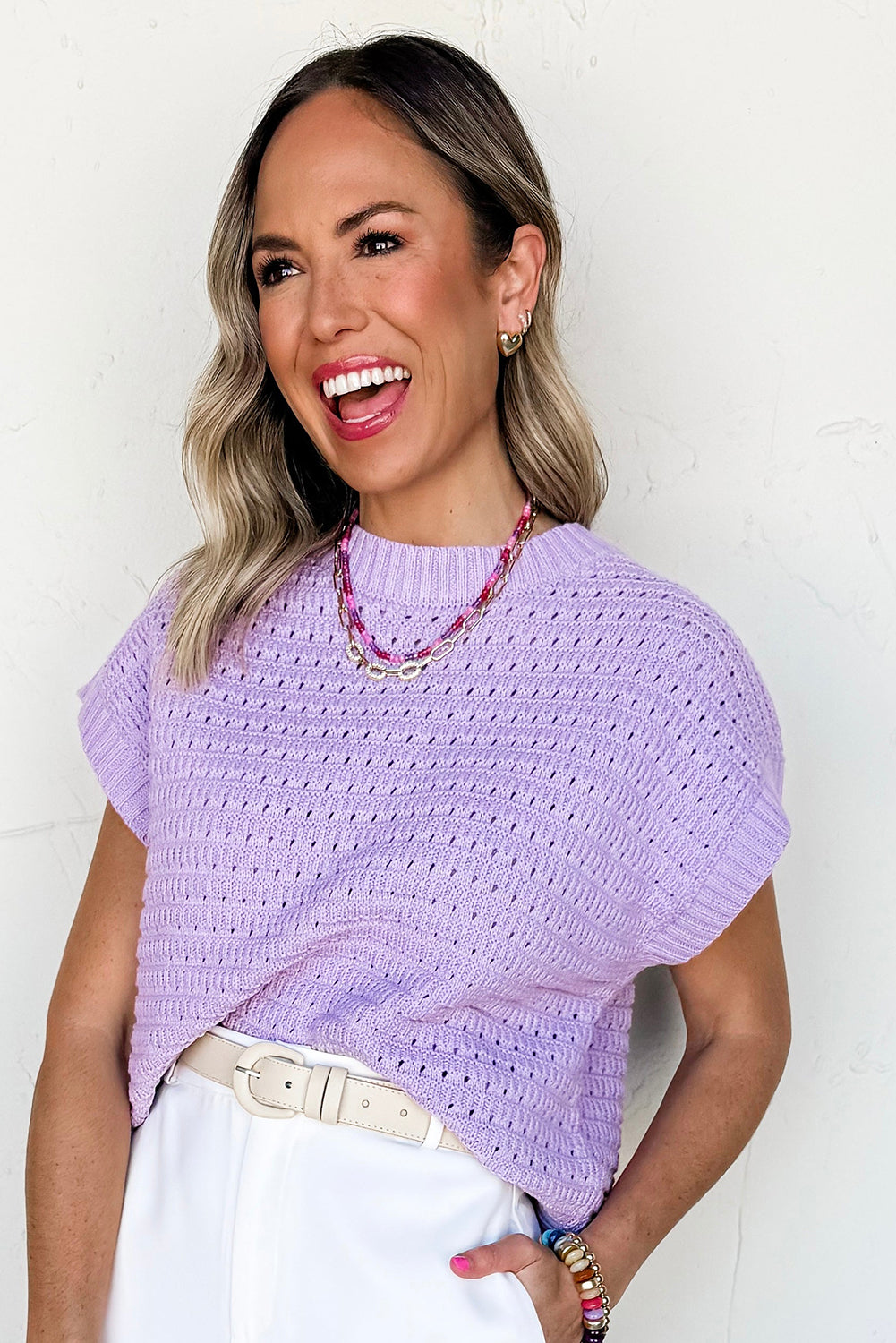 Lavendula Pointelle knit Ribbed Trim Short Sleeve Sweater