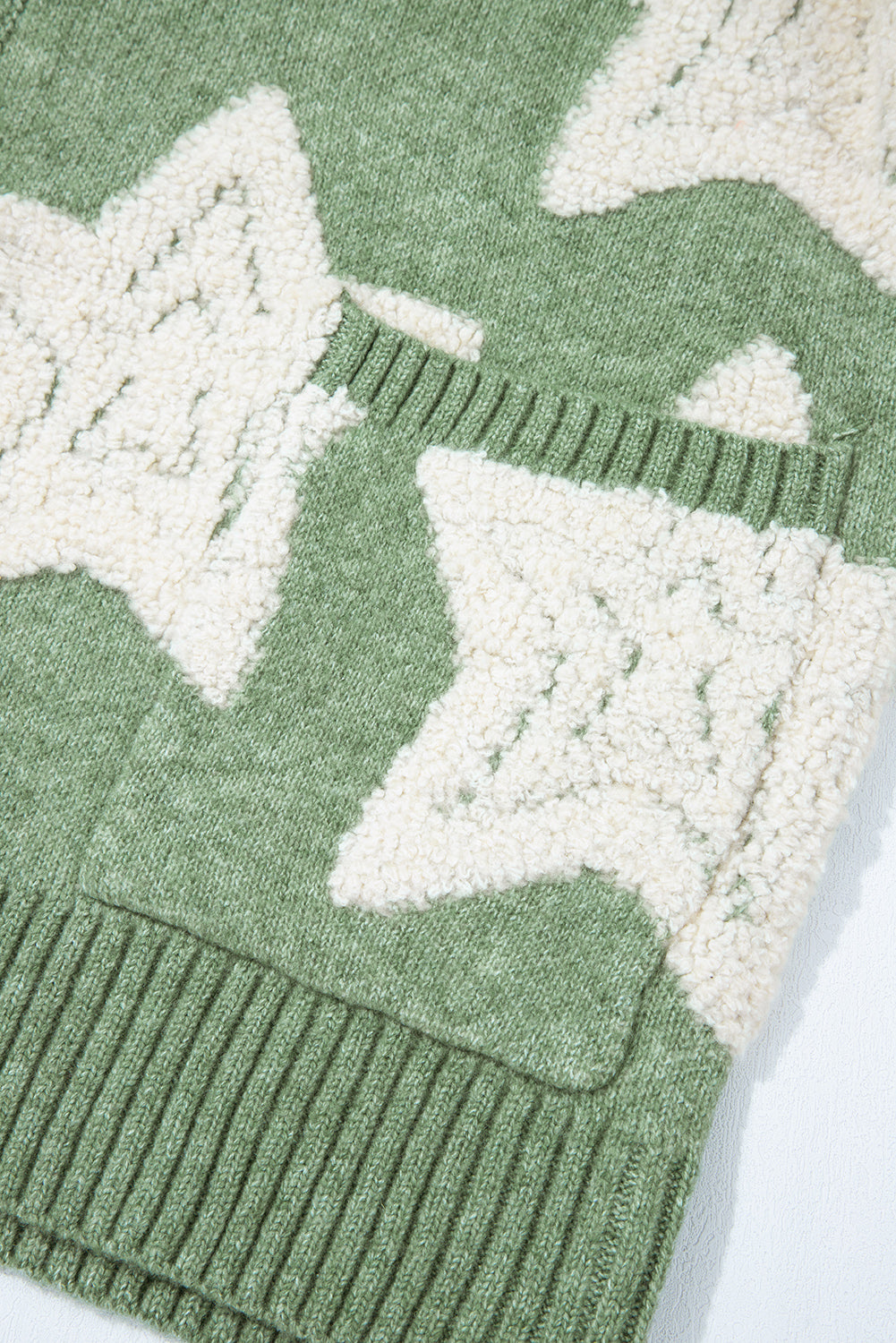 Green Sherpa Star Pattern Textured Sweater Cardigan with Pockets