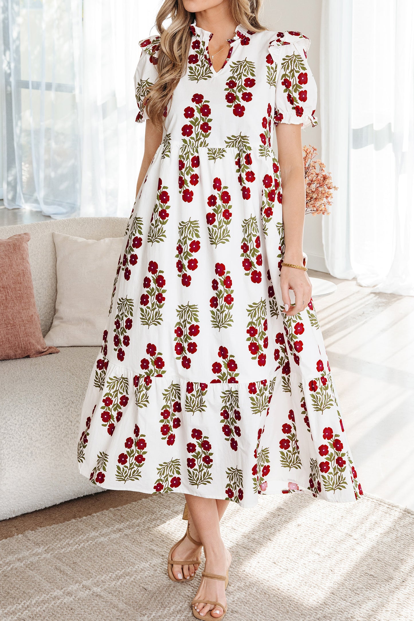 Beige Floral Short Bubble Sleeve Tiered Maxi Dress