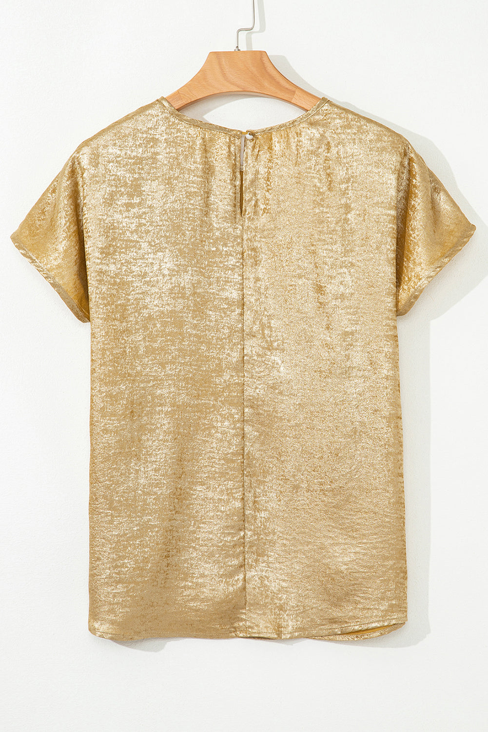 Gold Glossy Round Neck Pleated Detail Short Sleeve Blouse