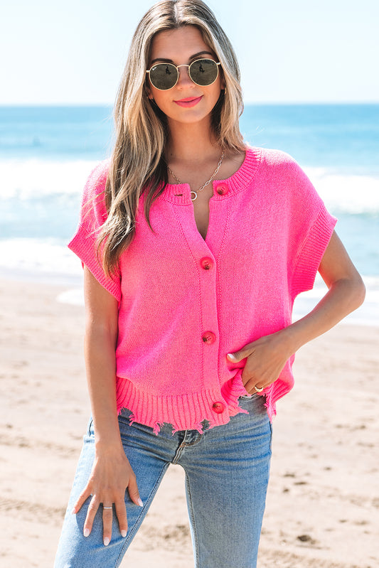 Bright Pink Distressed Hem Short Sleeve Knitted Button Front Sweater