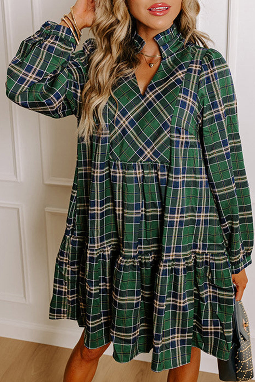 Green Plaid Print Frilly Collar Long Sleeve Shift Mini Dress