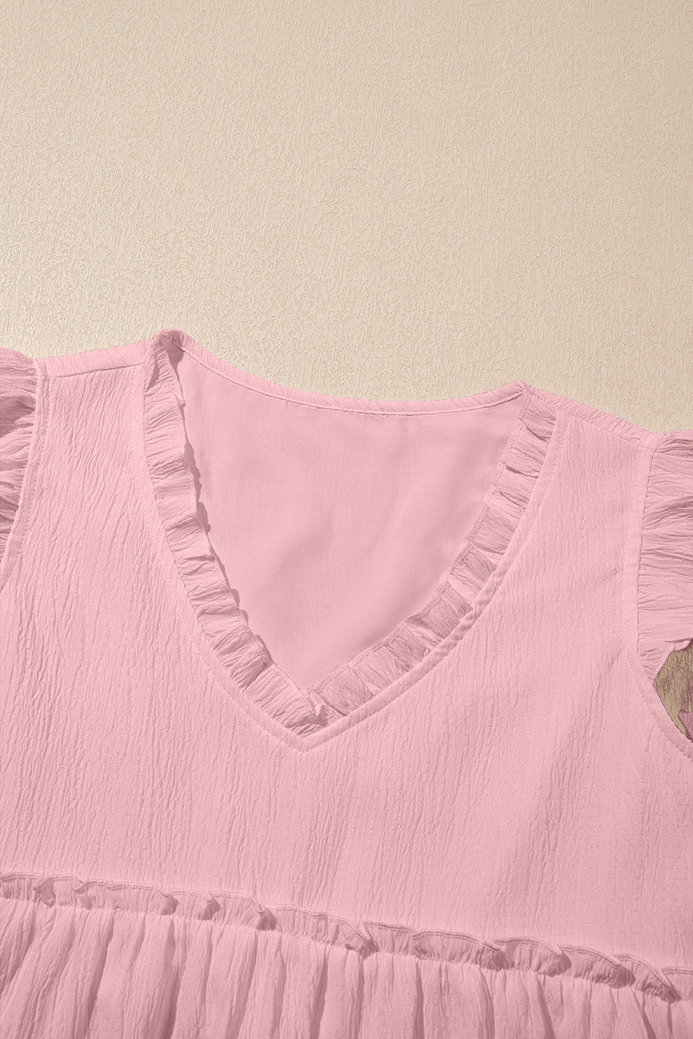 Light Pink Textured Ruffled Trim V Neck Flutter Flowy Top