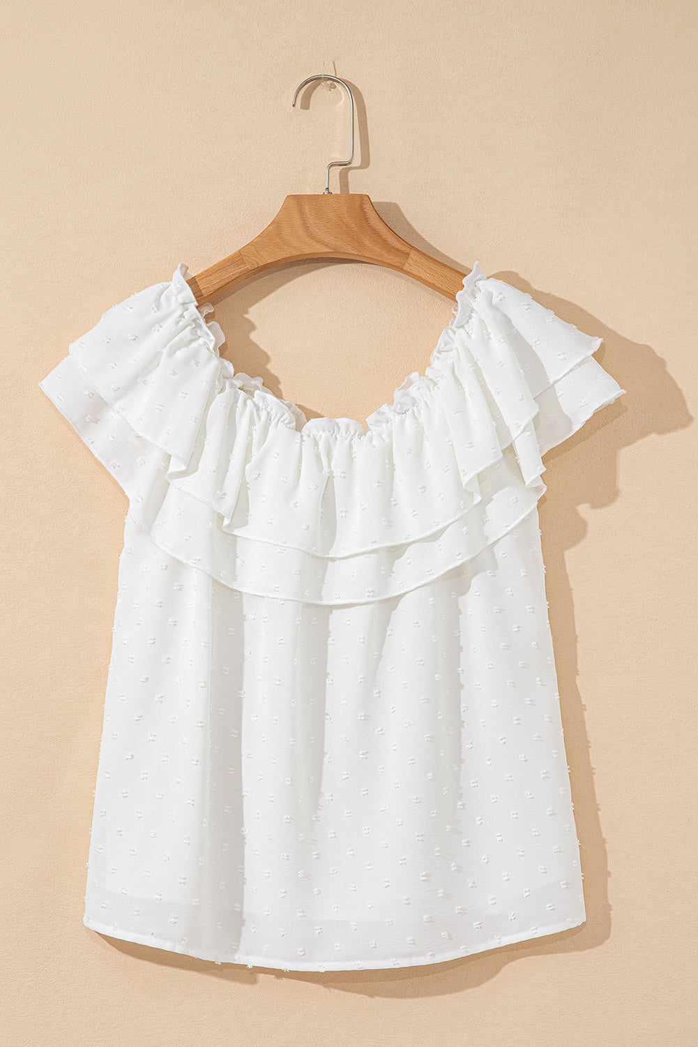 White Off Shoulder Ruffle Knotted Detail Swiss Dot Blouse