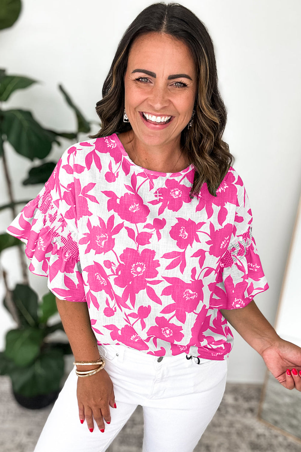 Pink Floral Printed Ruffled Short Sleeve Round Neck Loose Blouse