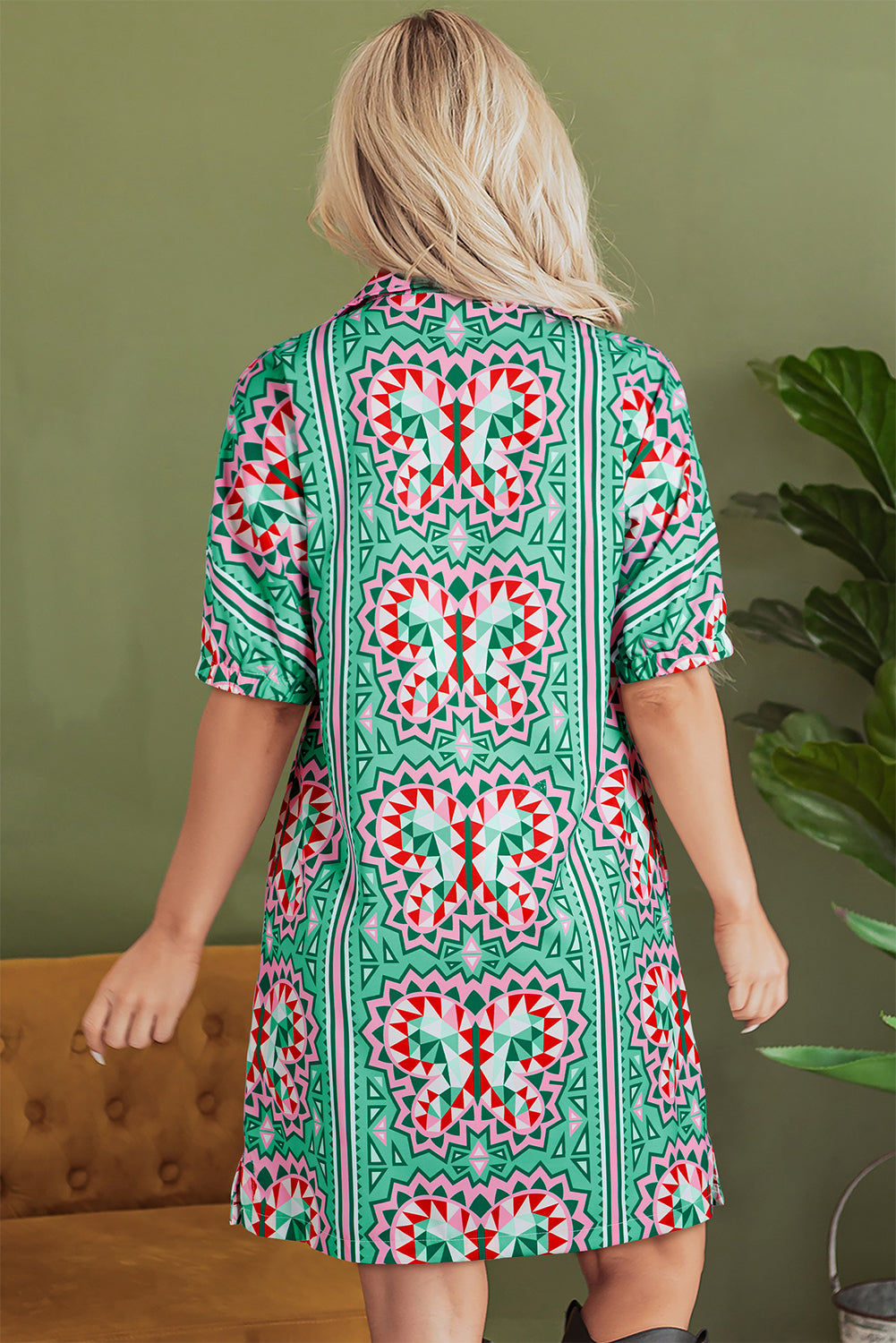 Mint Green Geometric Butterfly Print Split Neck Short Sleeve Dress