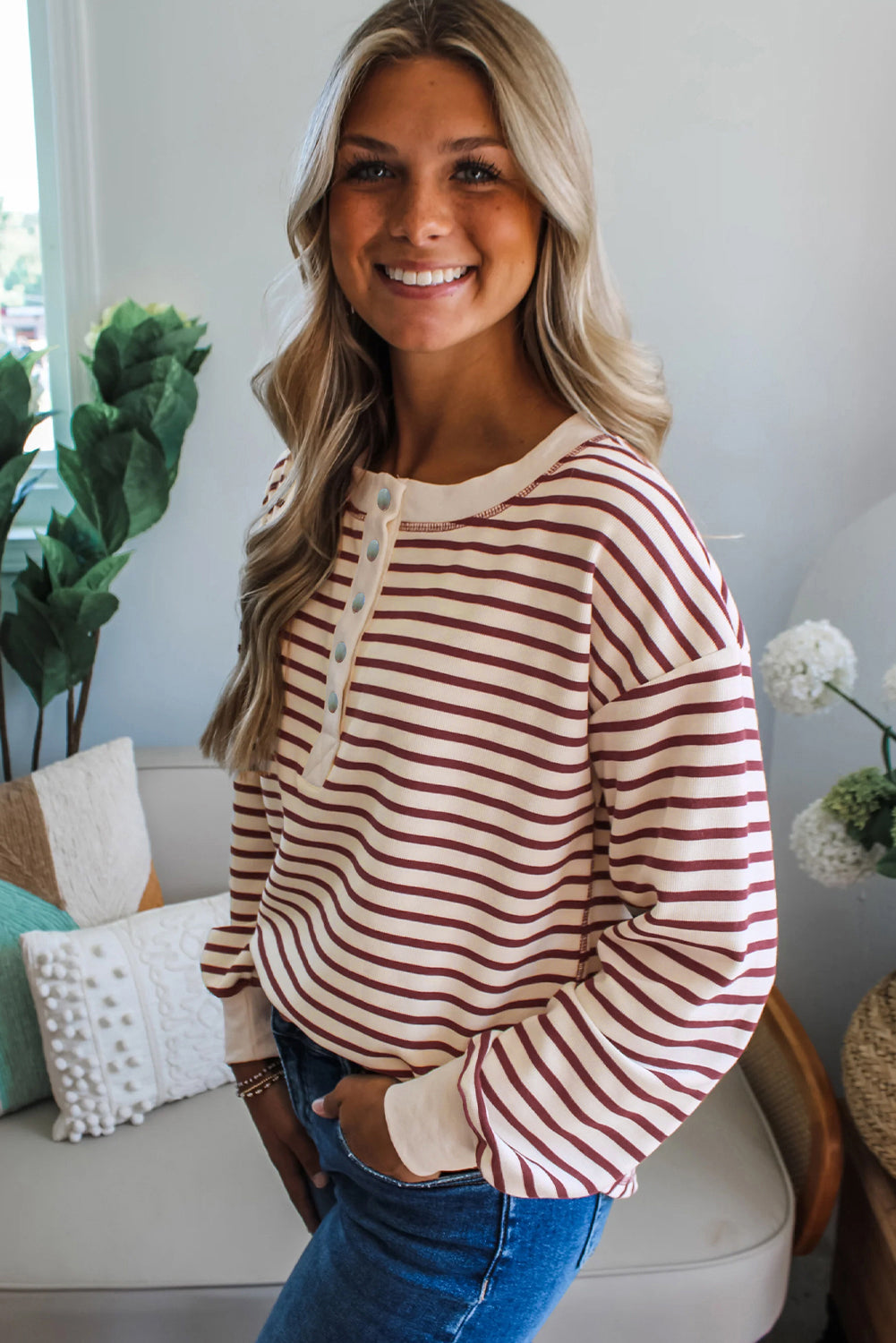 Red Dahlia Striped Print Drop Shoulder Long Sleeve Henley Top