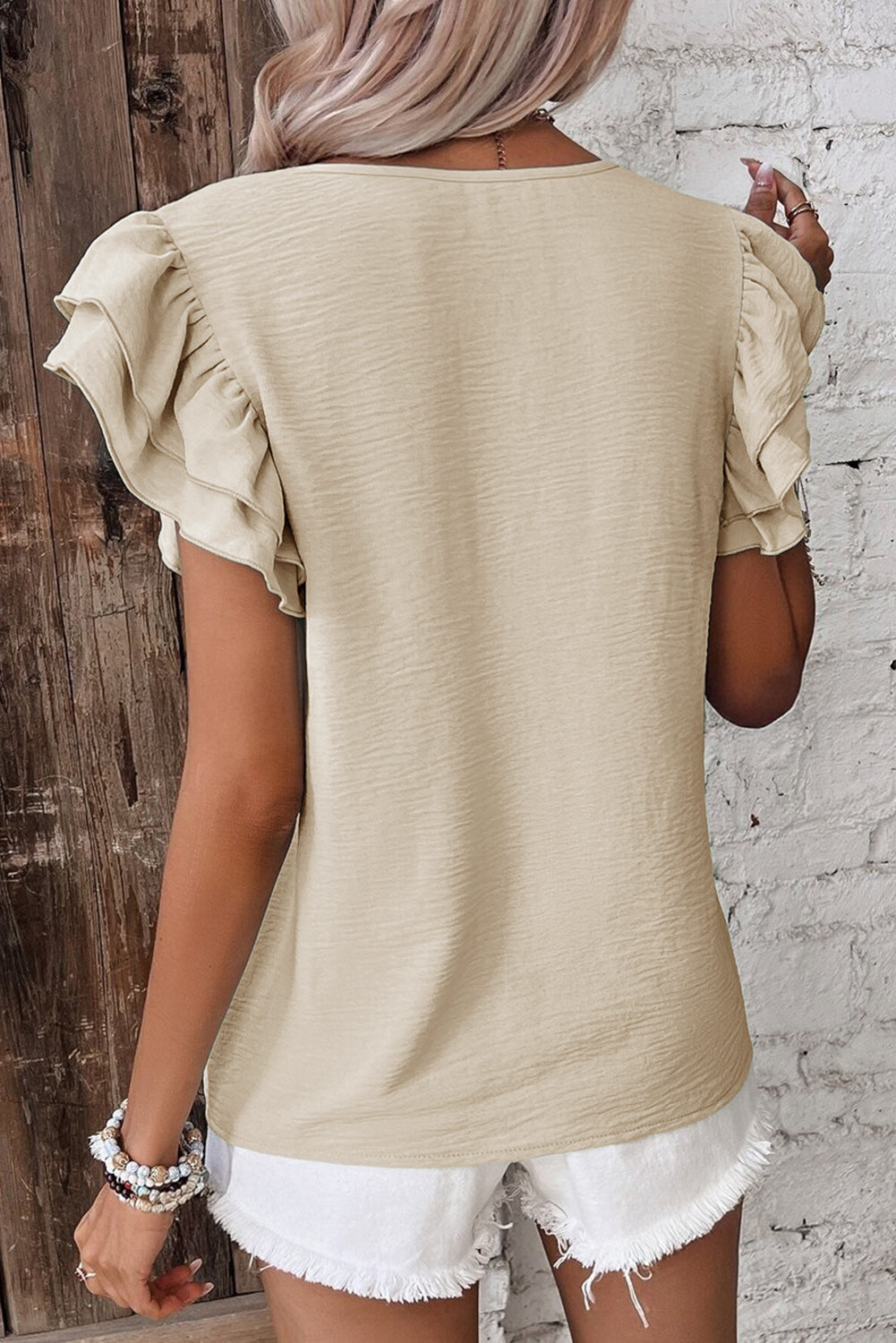 Beige Solid Color Ruffled Short Sleeve Casual Blouse