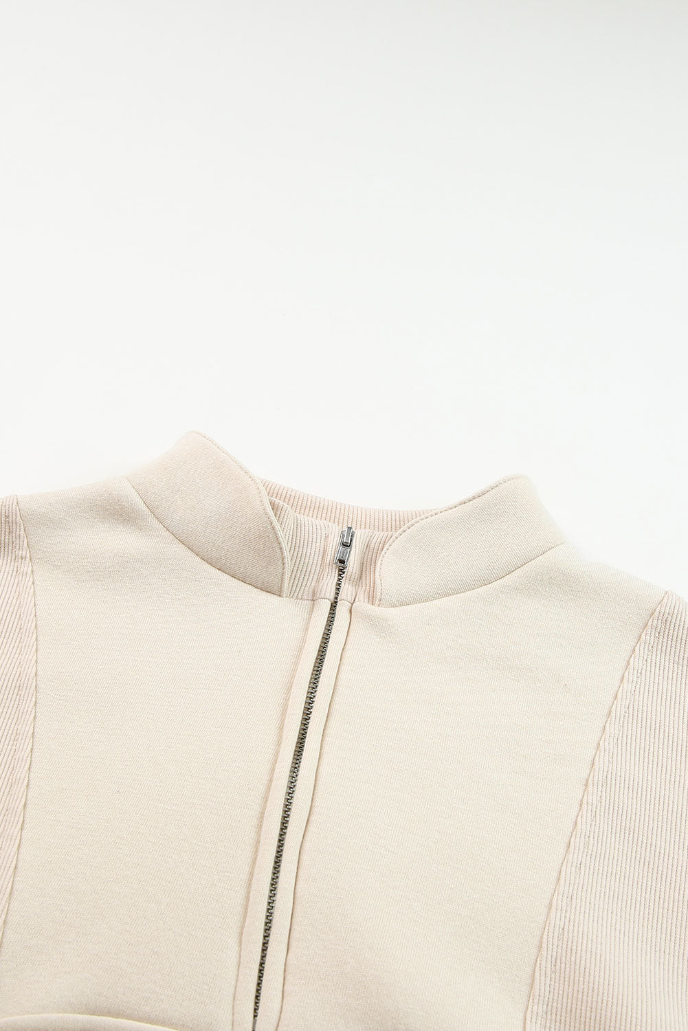Apricot Half Zip Stand Collar Exposed Seam Solid Color Casual Sweatshirt