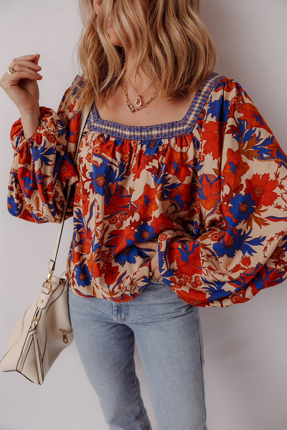 Multicolour Floral Print Square Neck Backless Loose Fit Blouse