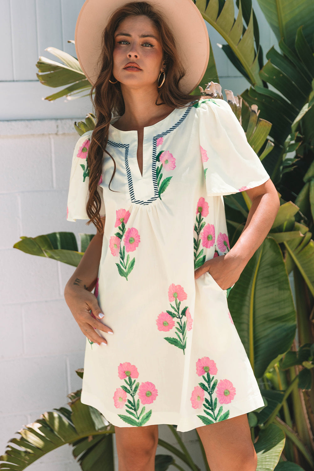 Apricot Floral Short Sleeve Split Neck Loose Mini Dress