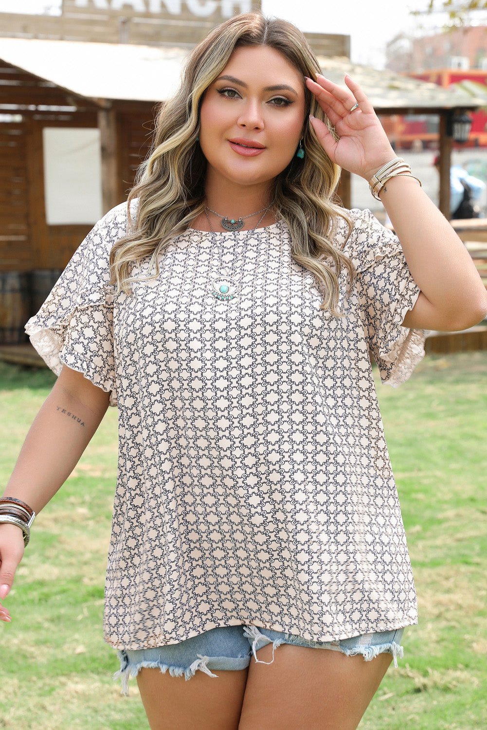 Khaki Plus Size Geometric Print Ruffled Sleeve Blouse