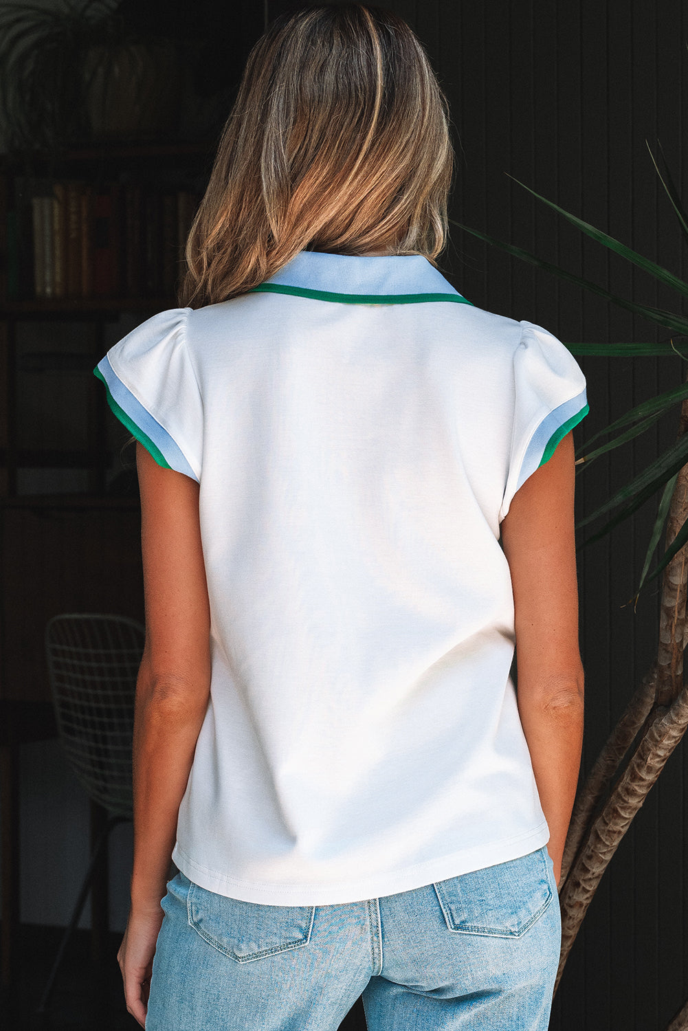 White Color Contrast Ruffled Sleeve Collared V Neck Blouse