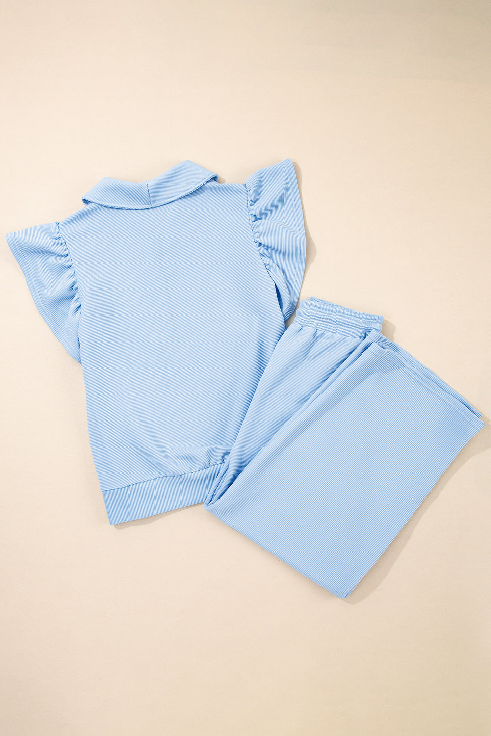 Beau Blue Textured Ruffled Sleeve Zipped Top and Wide Leg Pants Set