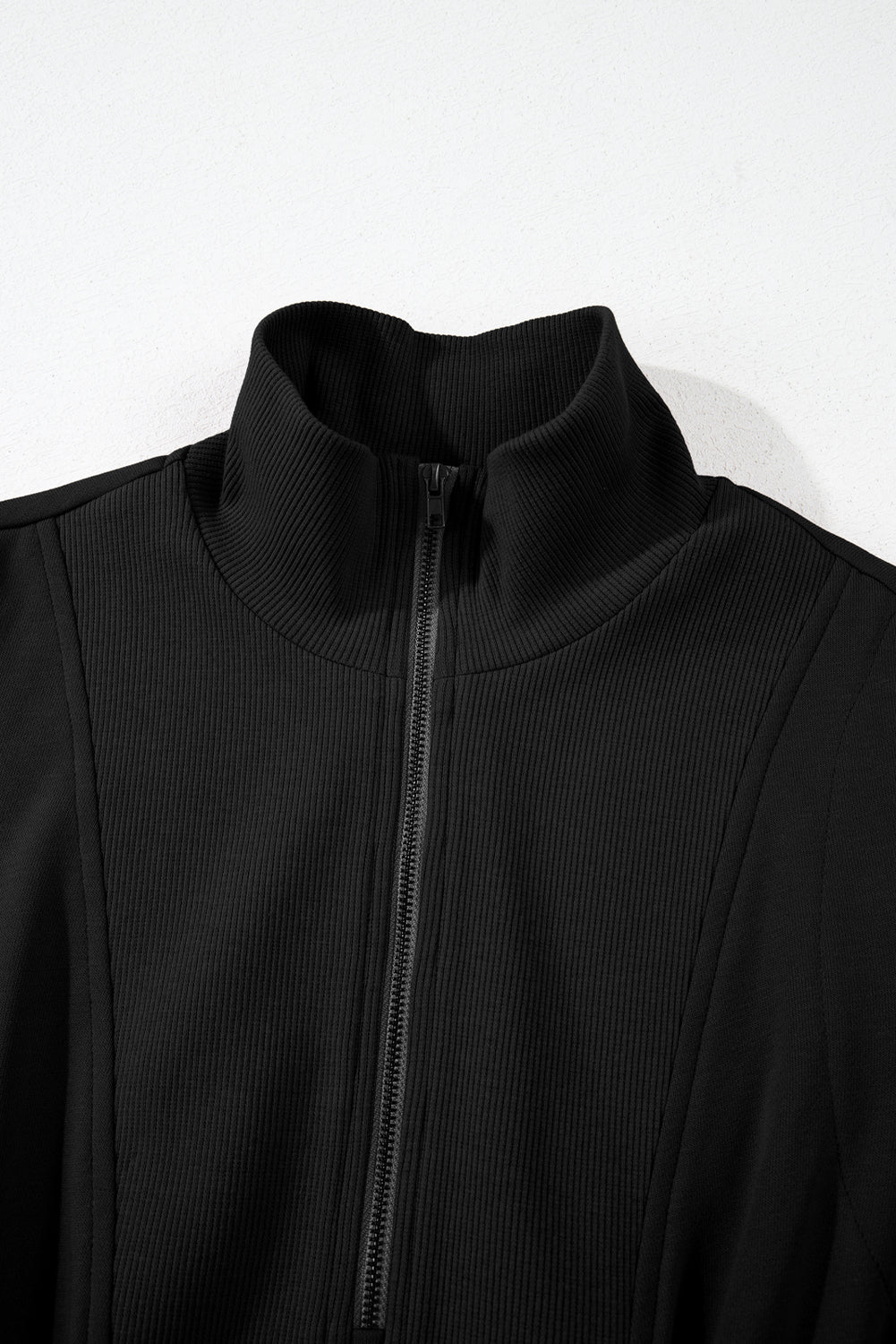 Black French Terry Zipped Collar Sleeveless Drawstring Waist Mini Dress