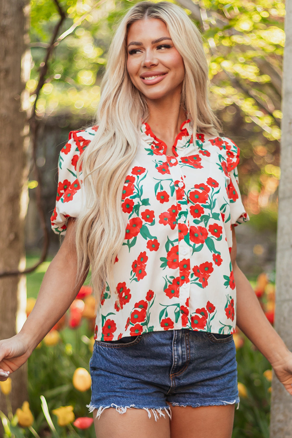 Red Floral Print Ruffled Puff Sleeve Elegant Summer Shirt