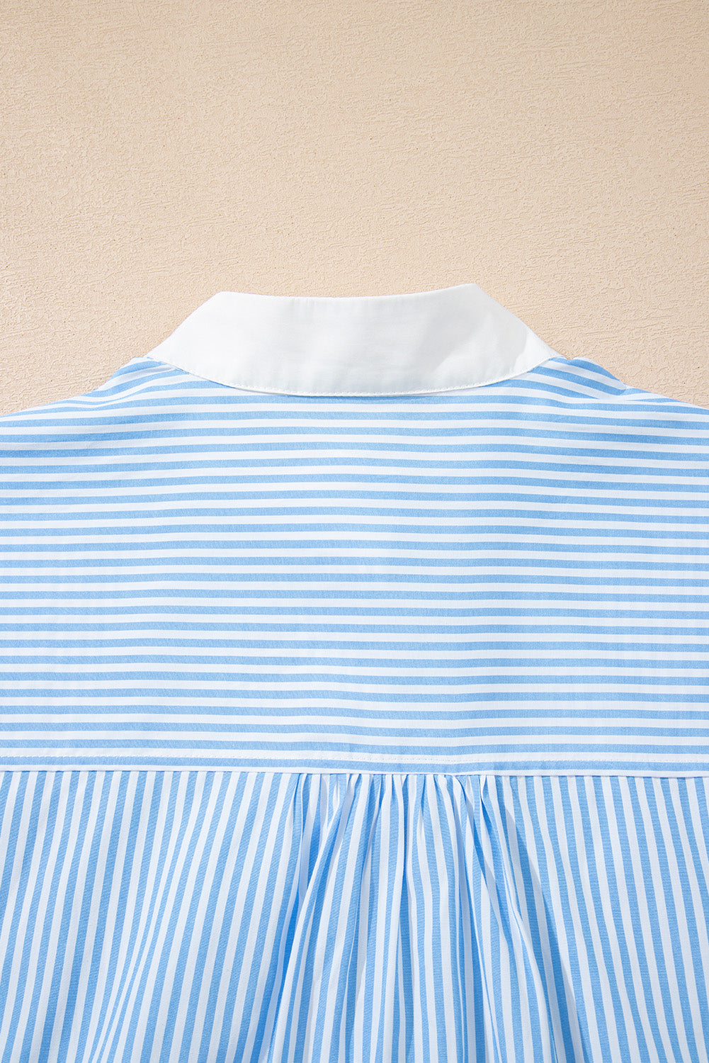 Sky Blue Stripe Contrast Collar Patchwork Hidden Button Short Sleeve Summer Shirt