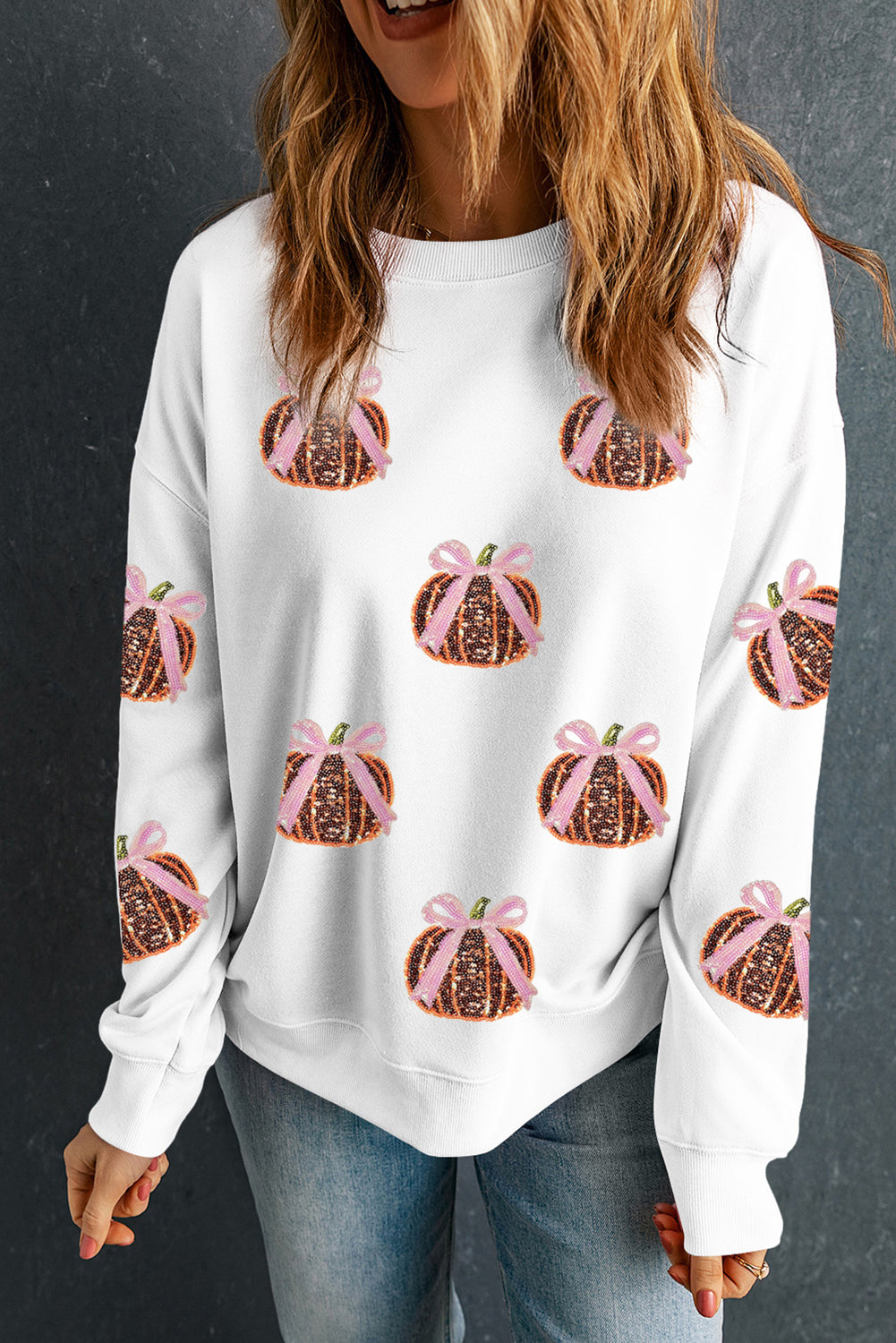 White Sequin Bow Pumpkin Patched Cotton Baggy Sweatshirt