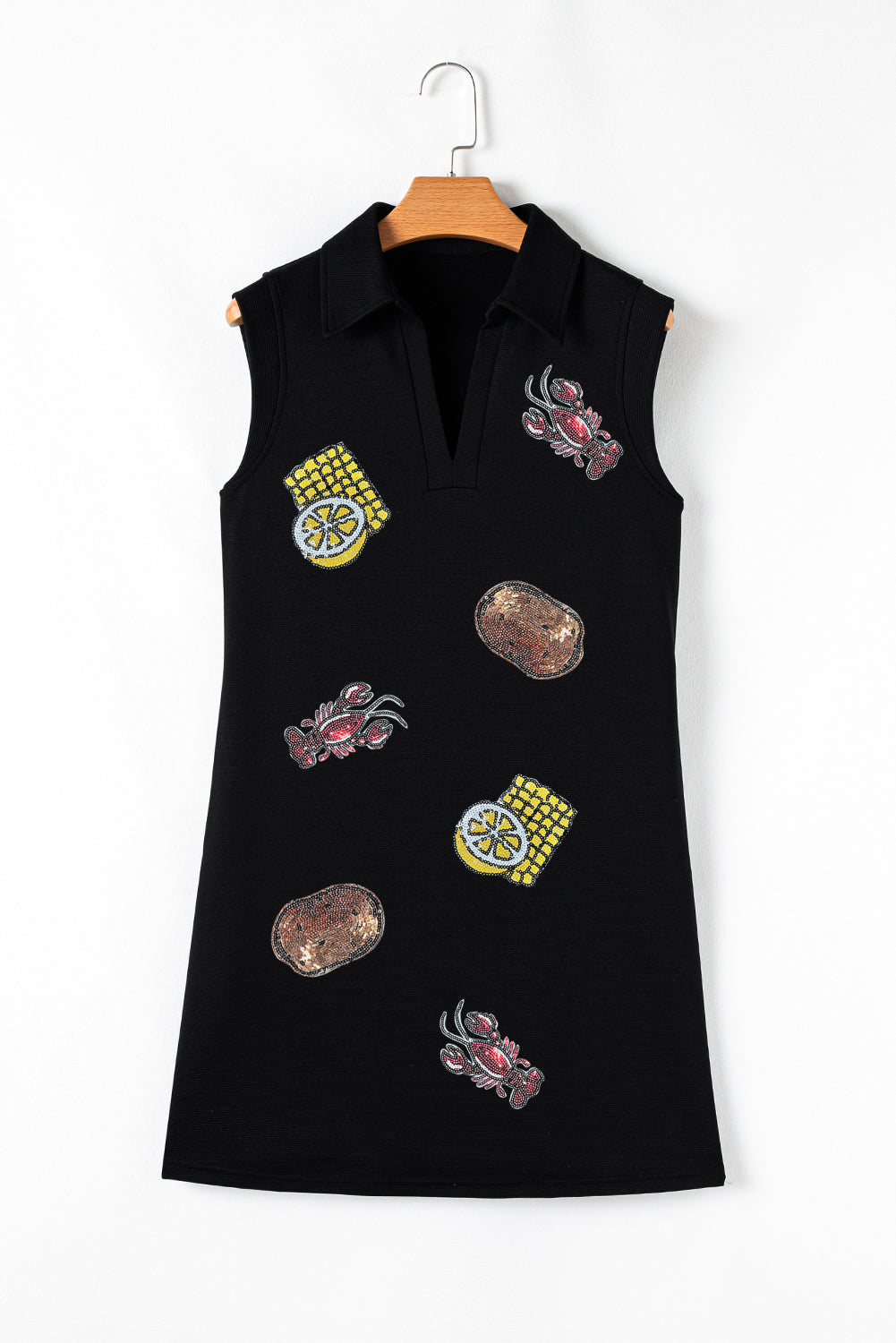 Black Sequin Patched V Neck Collared Mini Dress