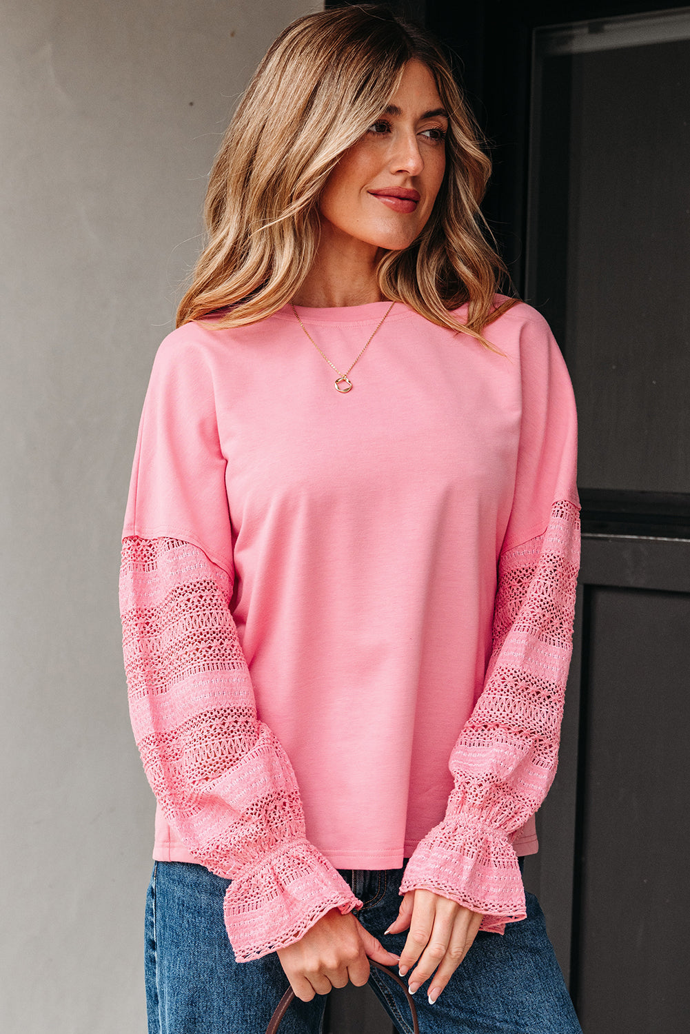 Sachet Pink Drop Shoulder Lace Ruffled Sleeve Patchwork Loose Sweatshirt