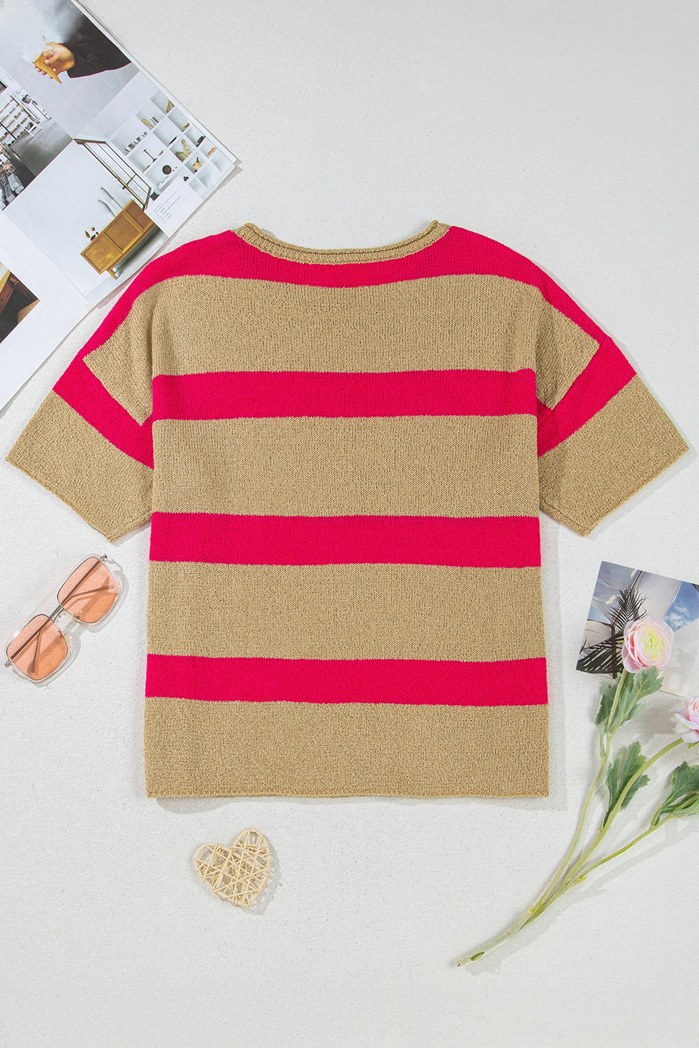 Pink Stripe Colorblock Short Sleeve Crew Neck Lightweight Sweater